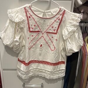 Anthropologie White Cotton Puff-Sleeve Blouse with Red Embroidery
